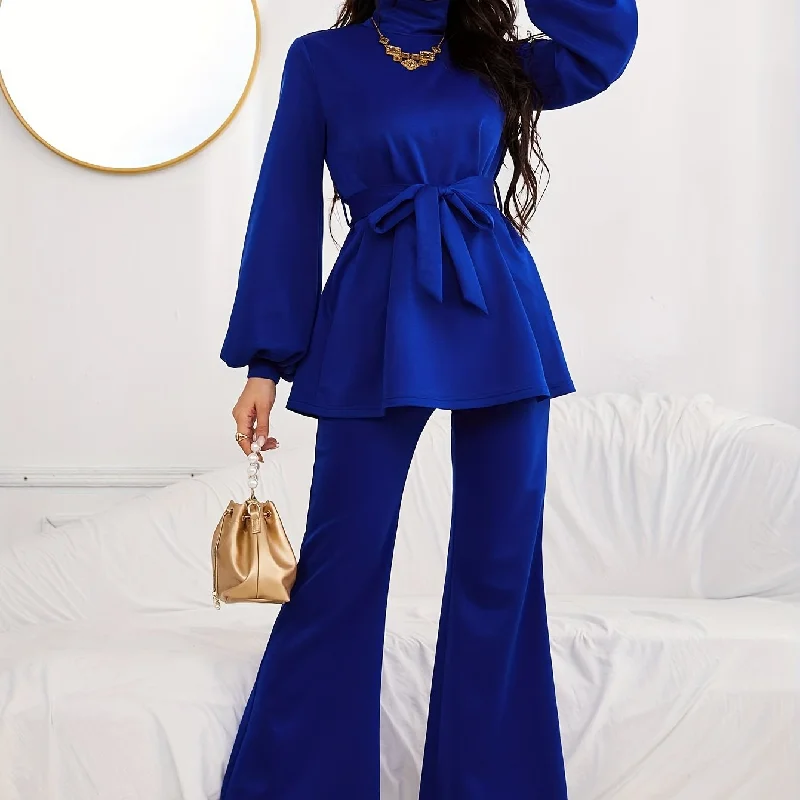 kkboxly  Solid Casual Two-piece Set, Turtle Neck Lantern Sleeve Belted Blouse & Flare Leg Pants Outfits, Women's Clothing