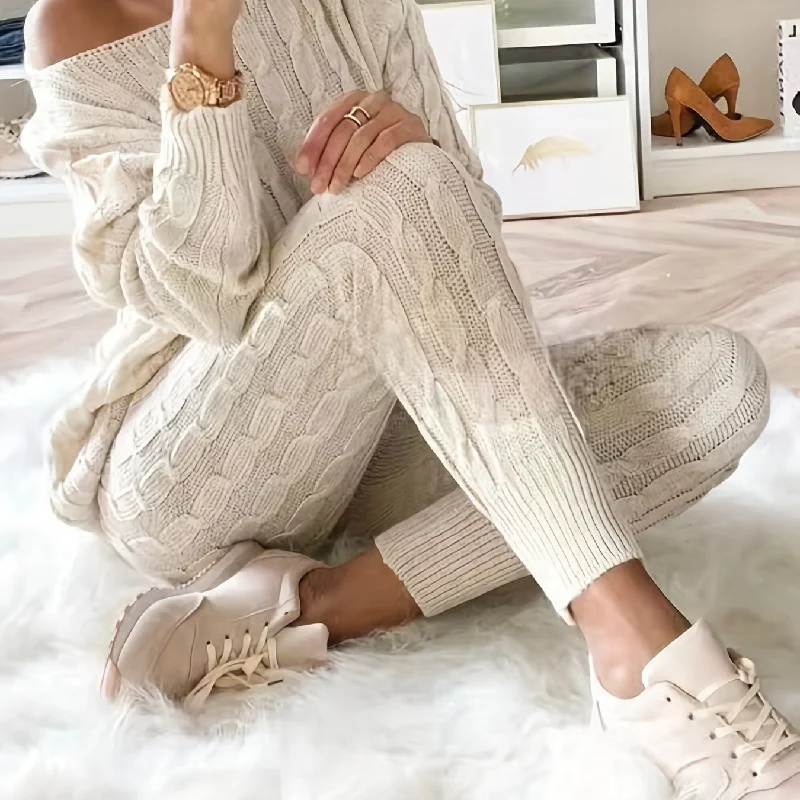 kkboxly  Solid Knitted Matching Two-piece Set, Casual Long Sleeve Sweater & Pants Outfits, Women's Clothing