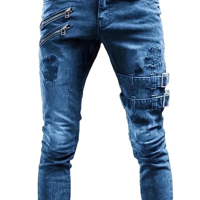 kkboxly  Zipper Decoration Slim Fit Ripped Biker Jeans, Men's Casual Street Style Distressed Slightly Stretch Denim Pants For Spring Summer