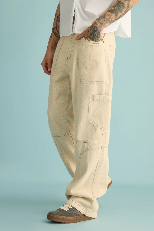 Latte Contrast Cargo Mens Wide Jeans