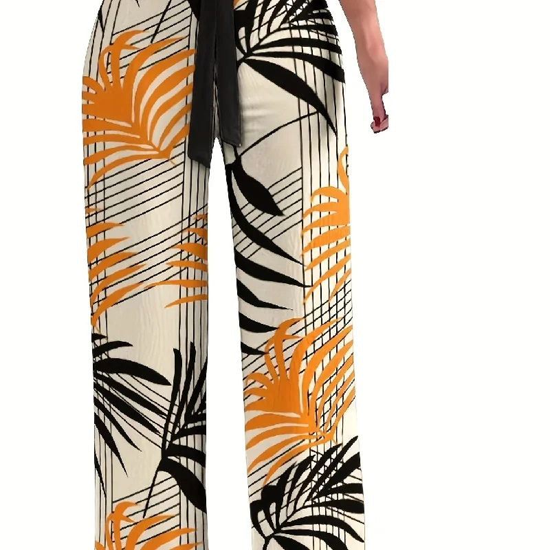 Plant Print Tie Waist Pants, Casual Wide Leg Long Length Pants, Women's Clothing