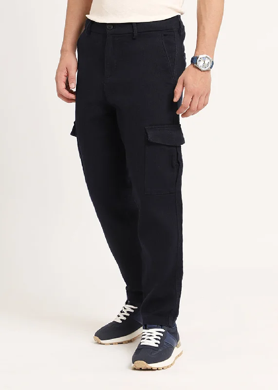 Navy Blue Linen Cargo Pants