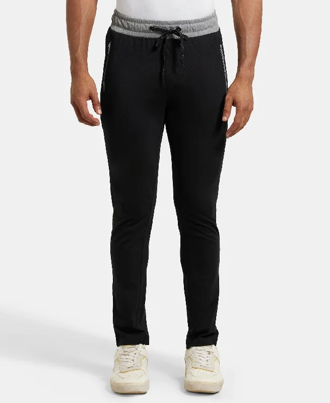 Super Combed Cotton Rich Slim Fit Trackpant with Side Zipper Pockets - Black & Grey Melange