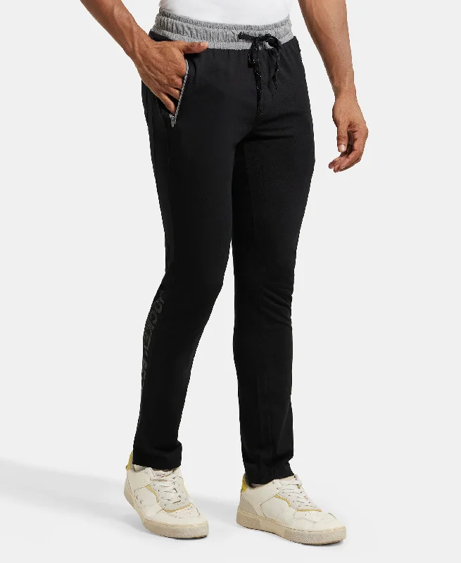 Super Combed Cotton Rich Slim Fit Trackpant with Side Zipper Pockets - Black & Grey Melange