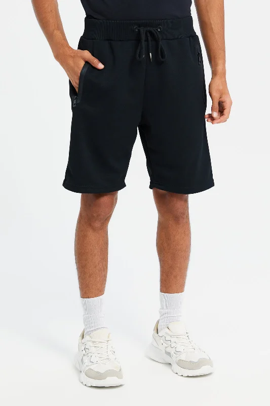 Men Black Mid Rise Tech Shorts With Zip Pockets