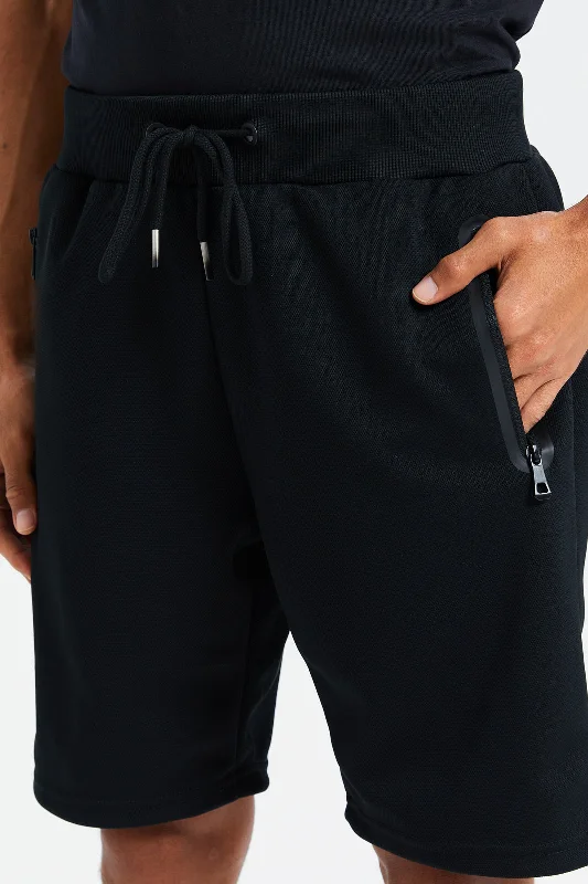 Men Black Mid Rise Tech Shorts With Zip Pockets