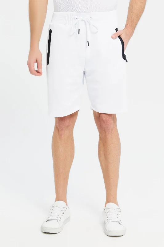 Men White Mid-Rise Tech Shorts With Zip Pockets